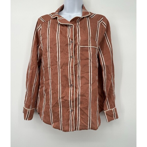 Buru Tencel Linen Blend Copper Cream Striped PJ Style Lounge Top M tan/white - Picture 2 of 8